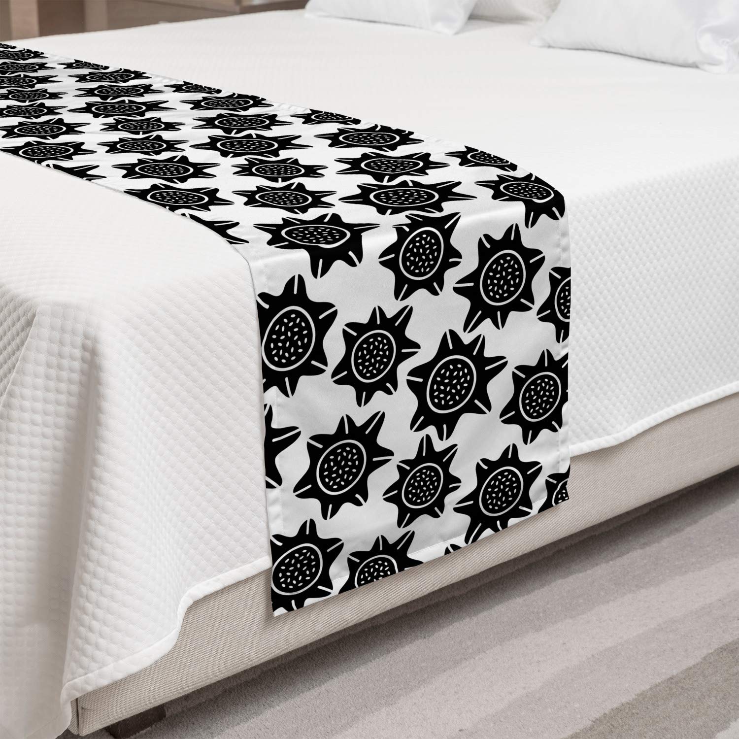Ambesonne Abstract Geometric Sunflower Petals Bed Runner - Queen Size Charcoal Grey & White Decorative Bed Scarf for Hotels, Homes & Guest Rooms | Perfect for Bedroom Decor, Wedding Accents & Luxury Bedding Styling