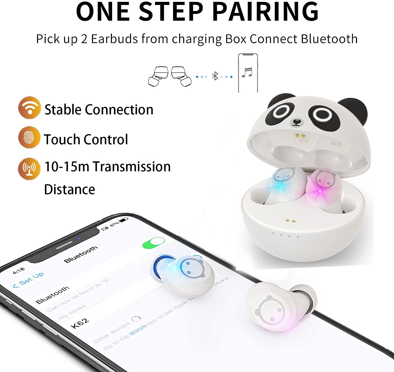 Cute Panda Bluetooth Earbuds for Kids - 36H Playtime, IPX6 Waterproof, Great for Sports & School