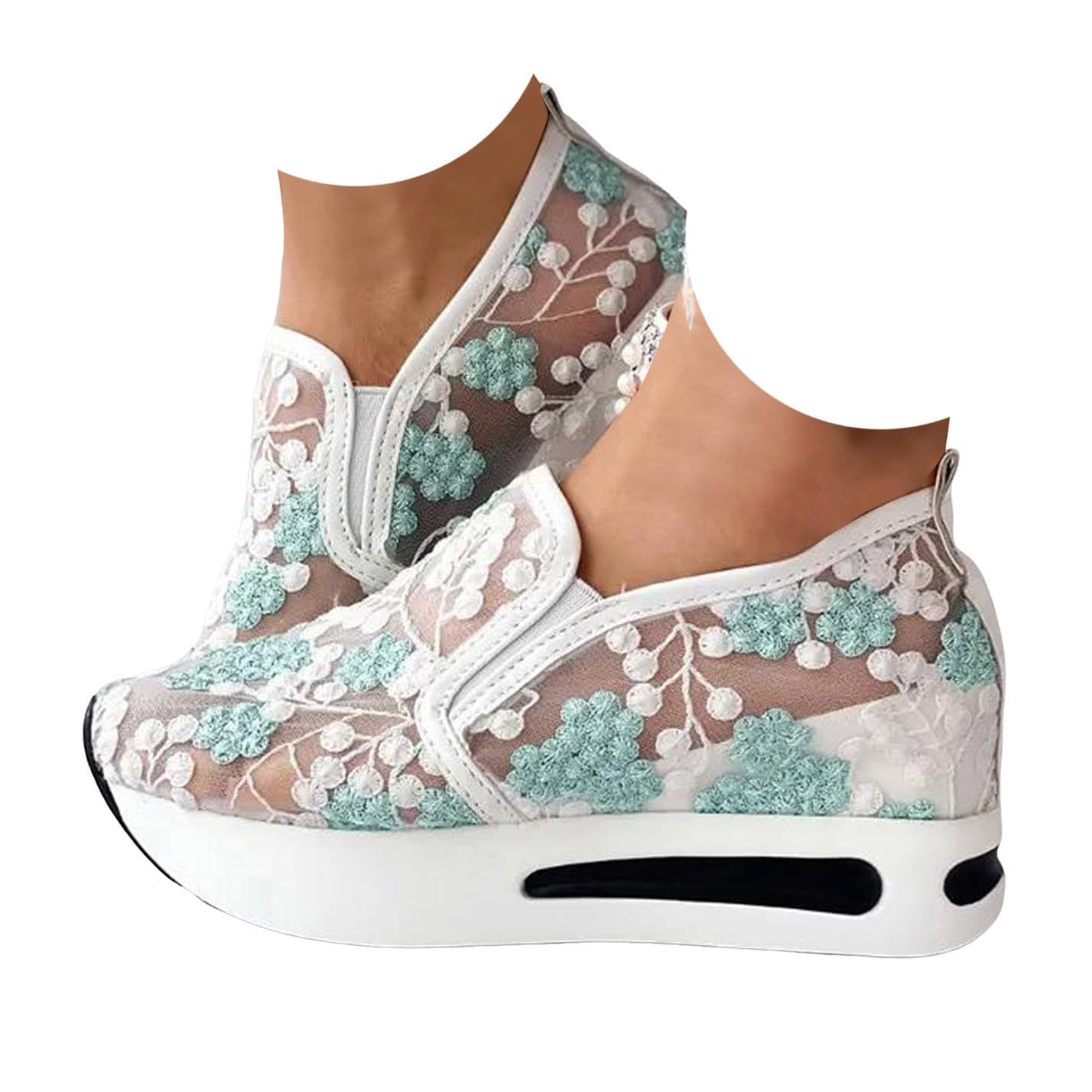 Women's Fashion Sneakers - Floral Embroidery Platform Wedge Shoes with Breathable Sheer Mesh for Casual Wear, Work & Date Nights | Comfortable Dressy Sneakers for Women