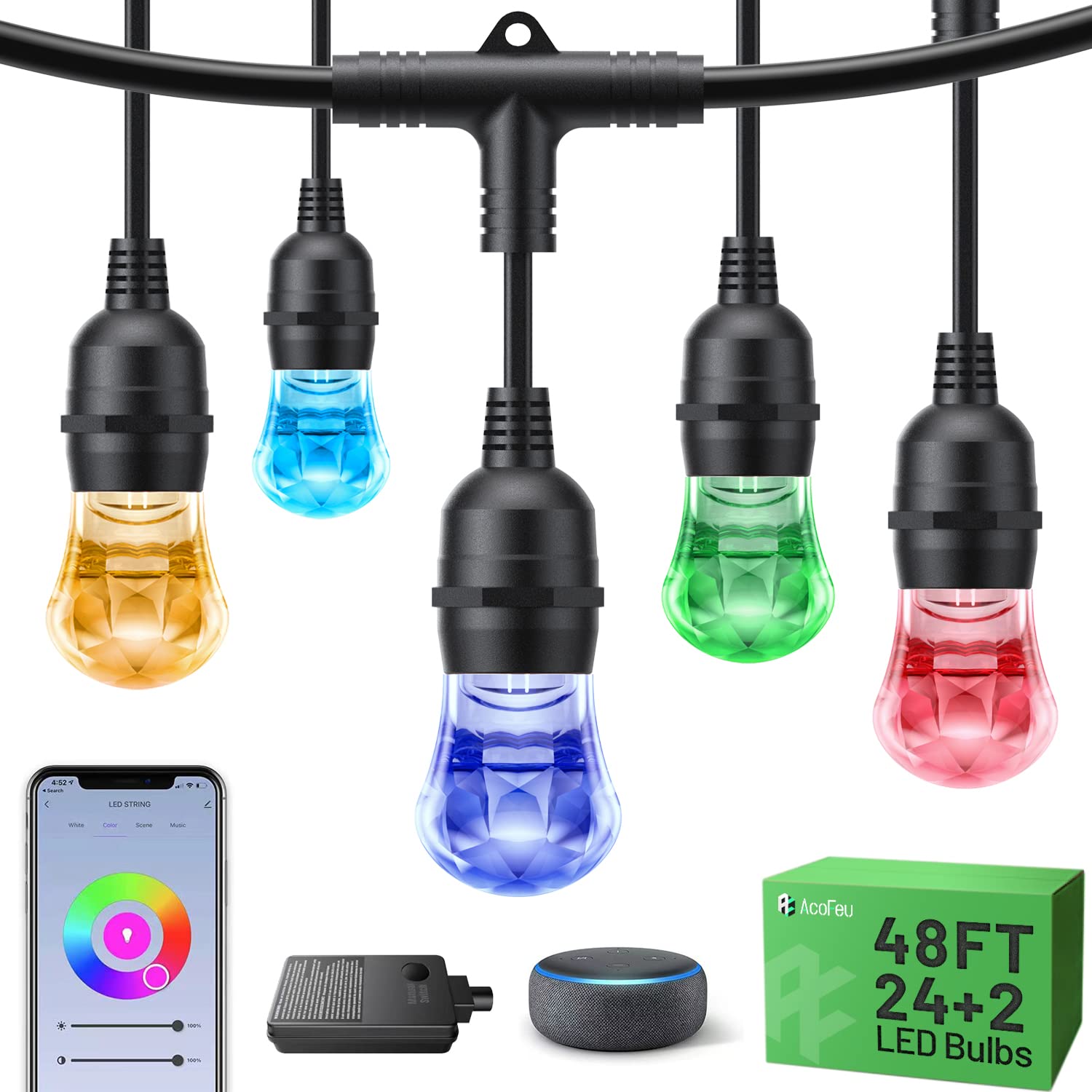 ACOFEU 48FT RGB WiFi Acrylic String Lights - 24 LED Dimmable Color Changing Outdoor Lights with Timer & IP65 Waterproof - Perfect for Garden, Backyard, Party, Wedding & Holiday Decorations