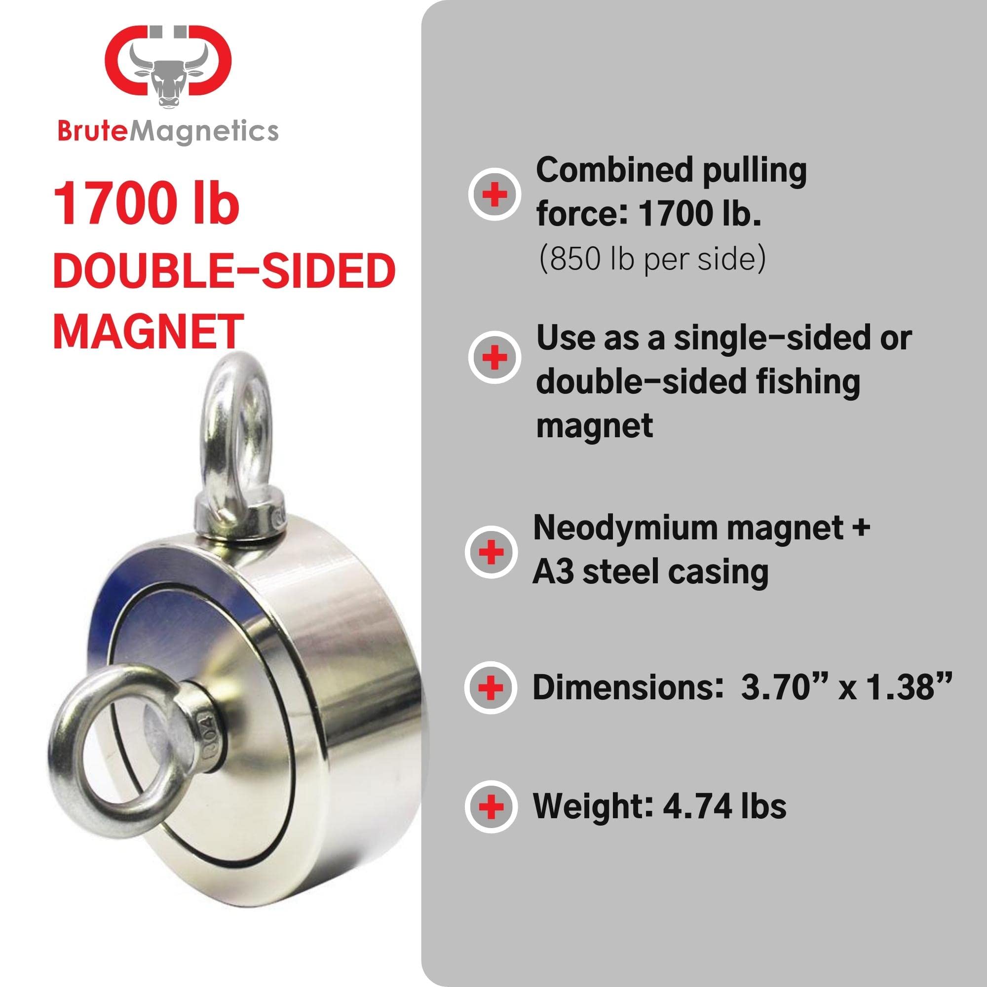 Brute Magnetics 1700 lb Double Sided Fishing Magnet Kit - 3.7