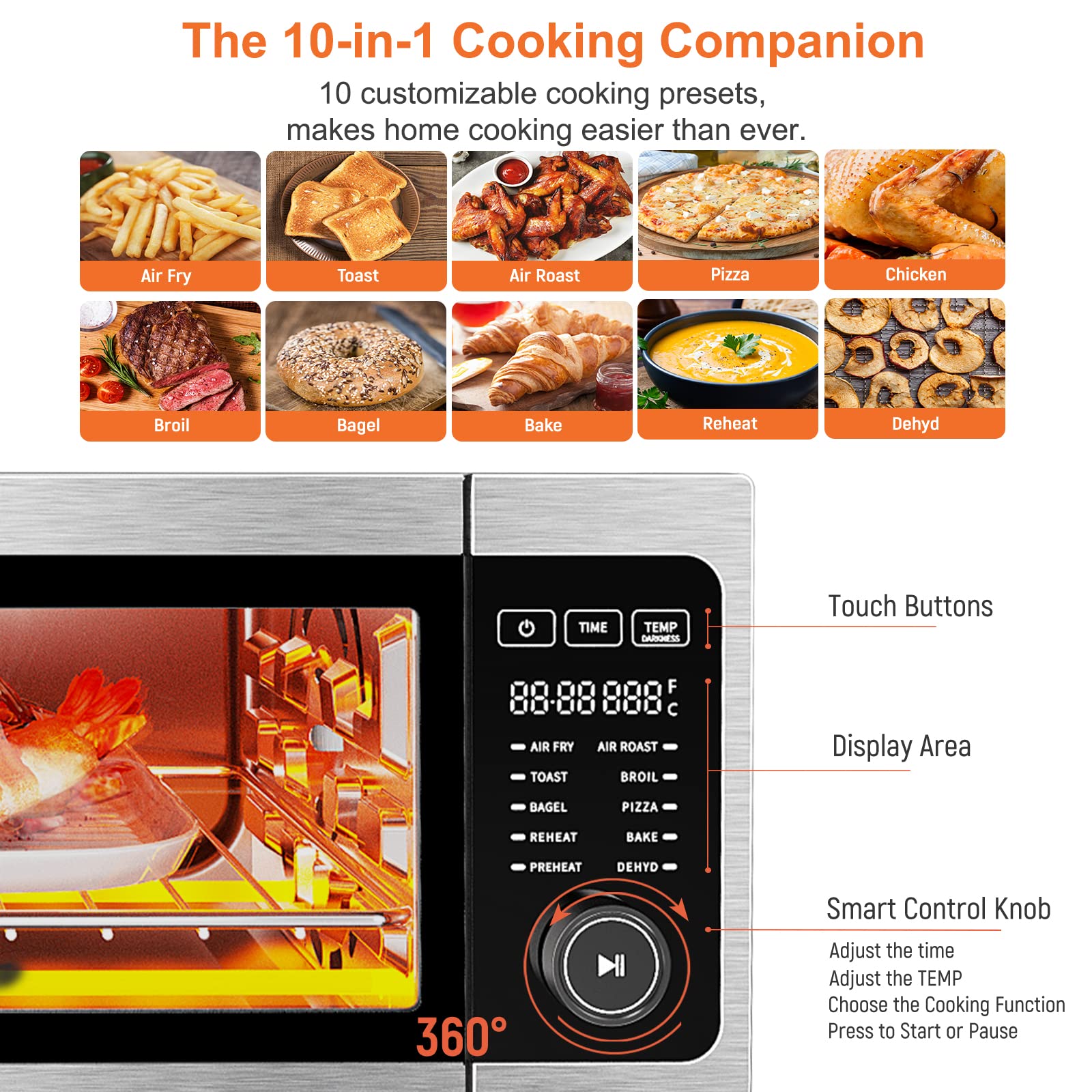 **Fabuletta 10-in-1 Air Fryer Toaster Oven Combo, 1800W Countertop Convection Oven with 100-450°F Temperature Control, Flip-Up Design for Space Saving, Includes Enamel Baking Pan & Recipe Book – Perfect for Baking, Roasting, and Air Frying at Home**