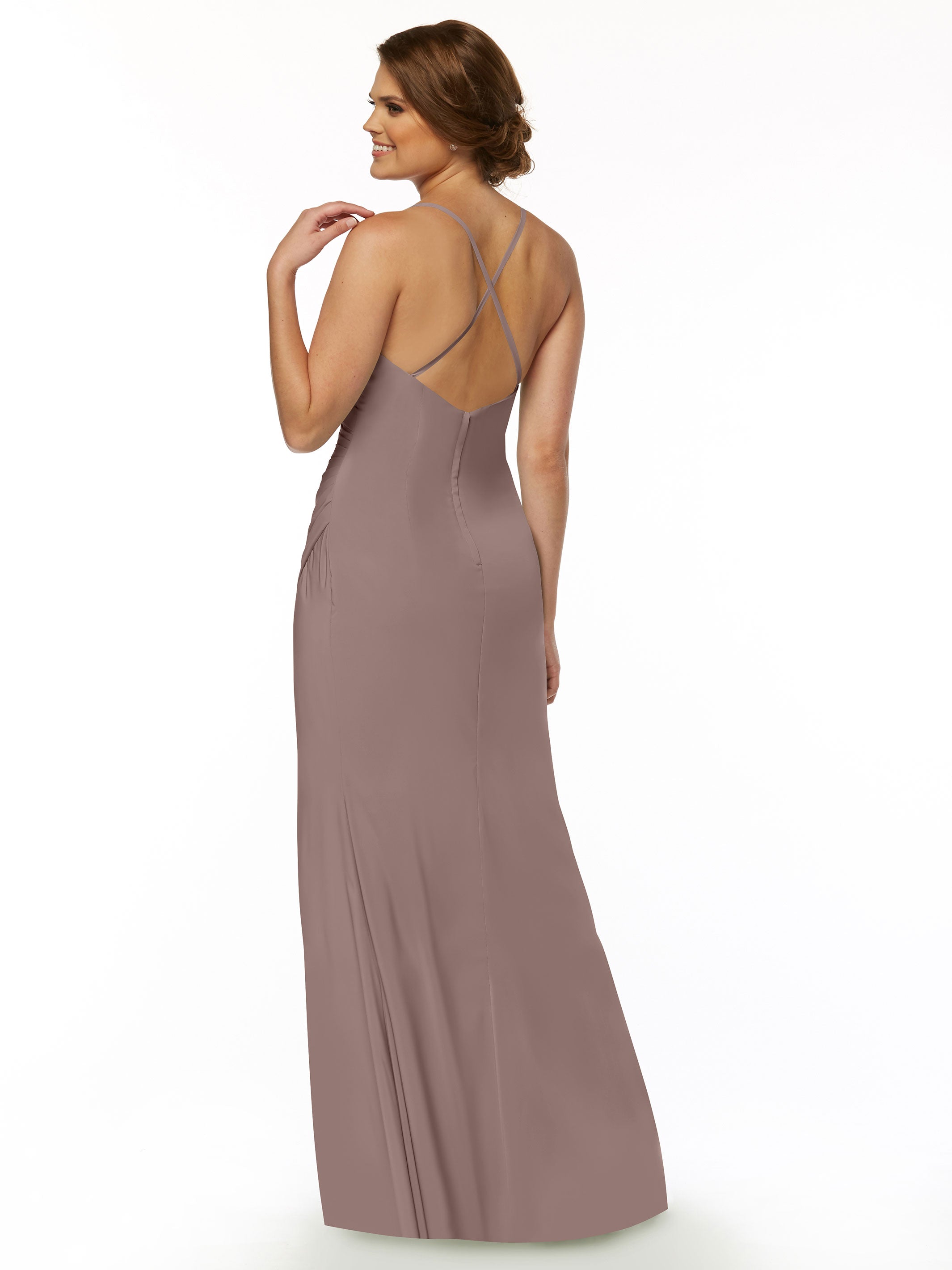 Elegant 80114 Stretch Chiffon Sheath Bridesmaid Dress with Ruching and High Slit - Perfect for Weddings, Formal Events & Evening Parties