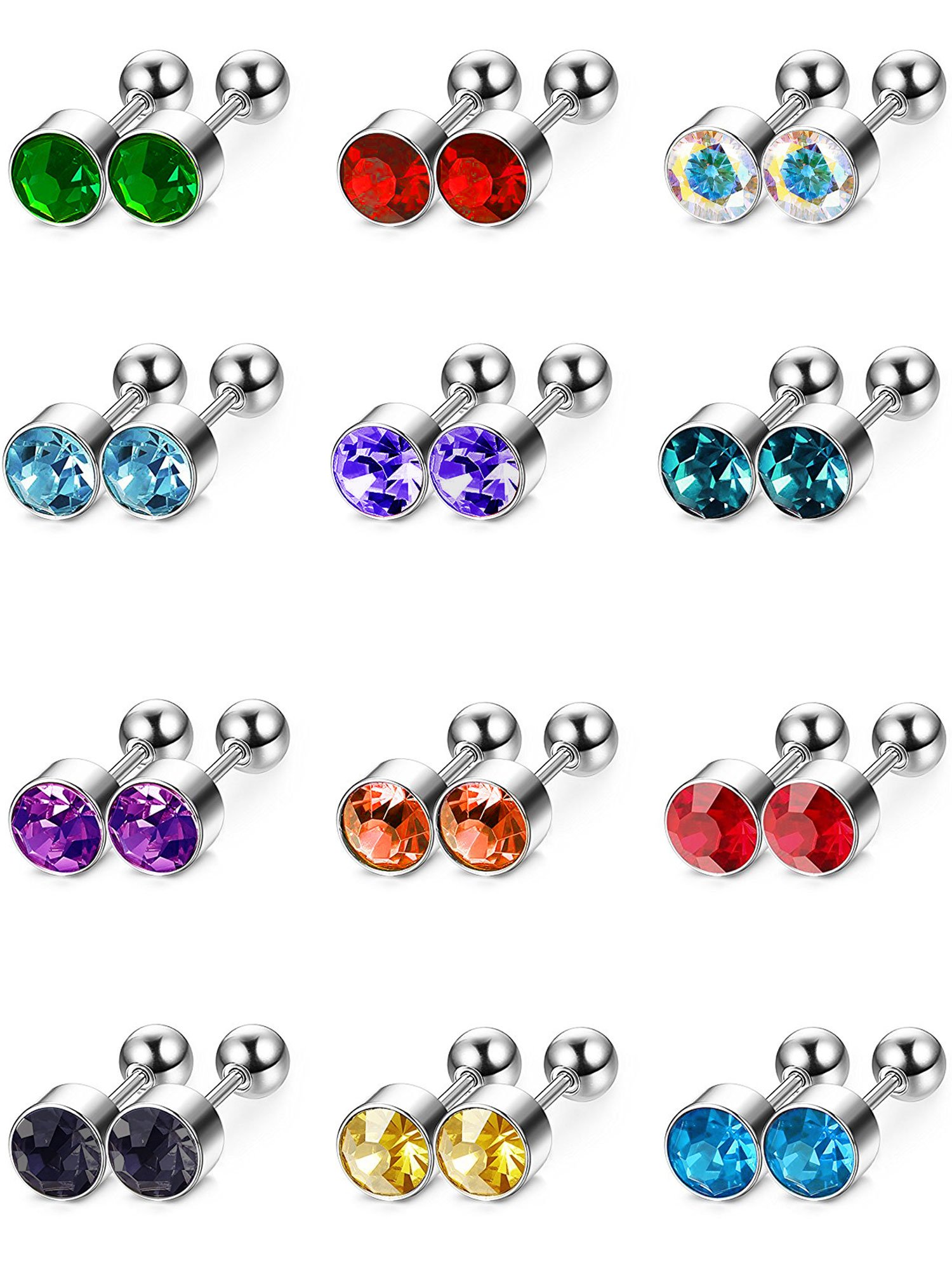 12 Pairs 18 Gauge Stainless Steel Stud Earrings - Body Piercing Jewelry for Helix, Cartilage & Lobe (12 Colors) | Hypoallergenic & Durable for Daily Wear, Parties & Gifts