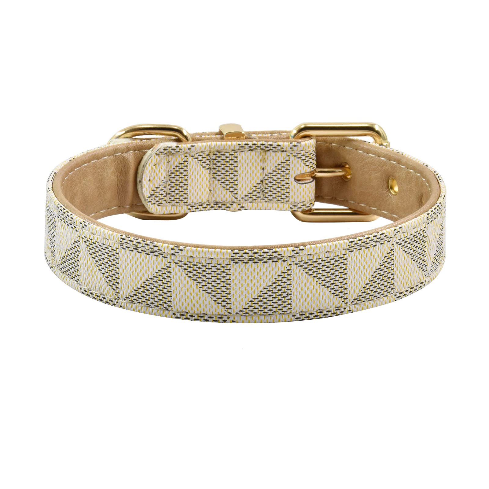 Premium Leather Dog Collar and Leash Set with Check Pattern - Adjustable Metal Buckle for Small, Medium & Large Dogs (White, M 11.8-15IN) - Perfect for Daily Walks, Training & Outdoor Adventures