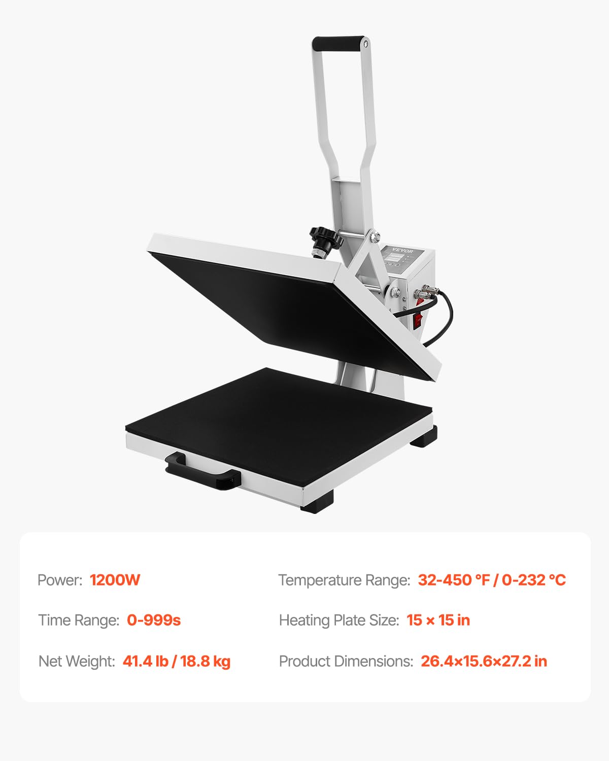 VEVOR 15x15 Inch Heat Press Machine for T-Shirts - Fast Heating Digital Sublimation Printer with High Pressure for Heat Transfer Vinyl - Easy to Use White Industrial Heat Press - Perfect for DIY Crafts, Custom Apparel & Small Business Printing