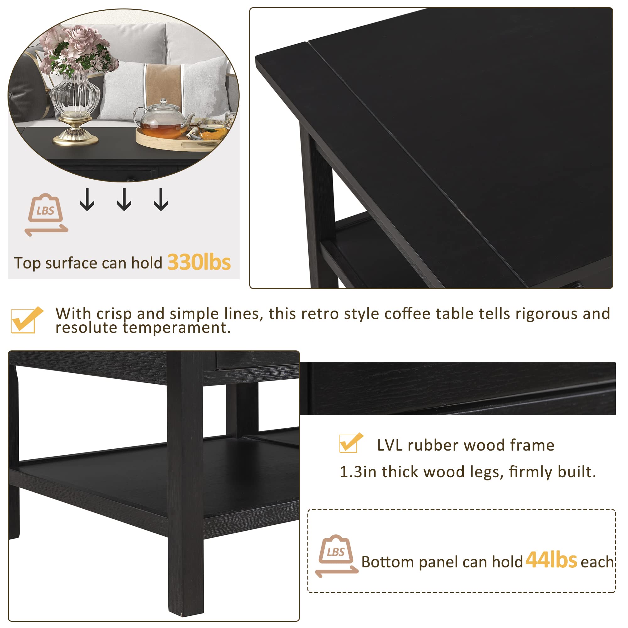 Solid Wood Coffee Table with 2 Drawers & Open Shelf - Large Storage American Classic Cocktail Table for Living Room, Office - Espresso Finish - Perfect for Entertaining, Relaxing & Home Decor