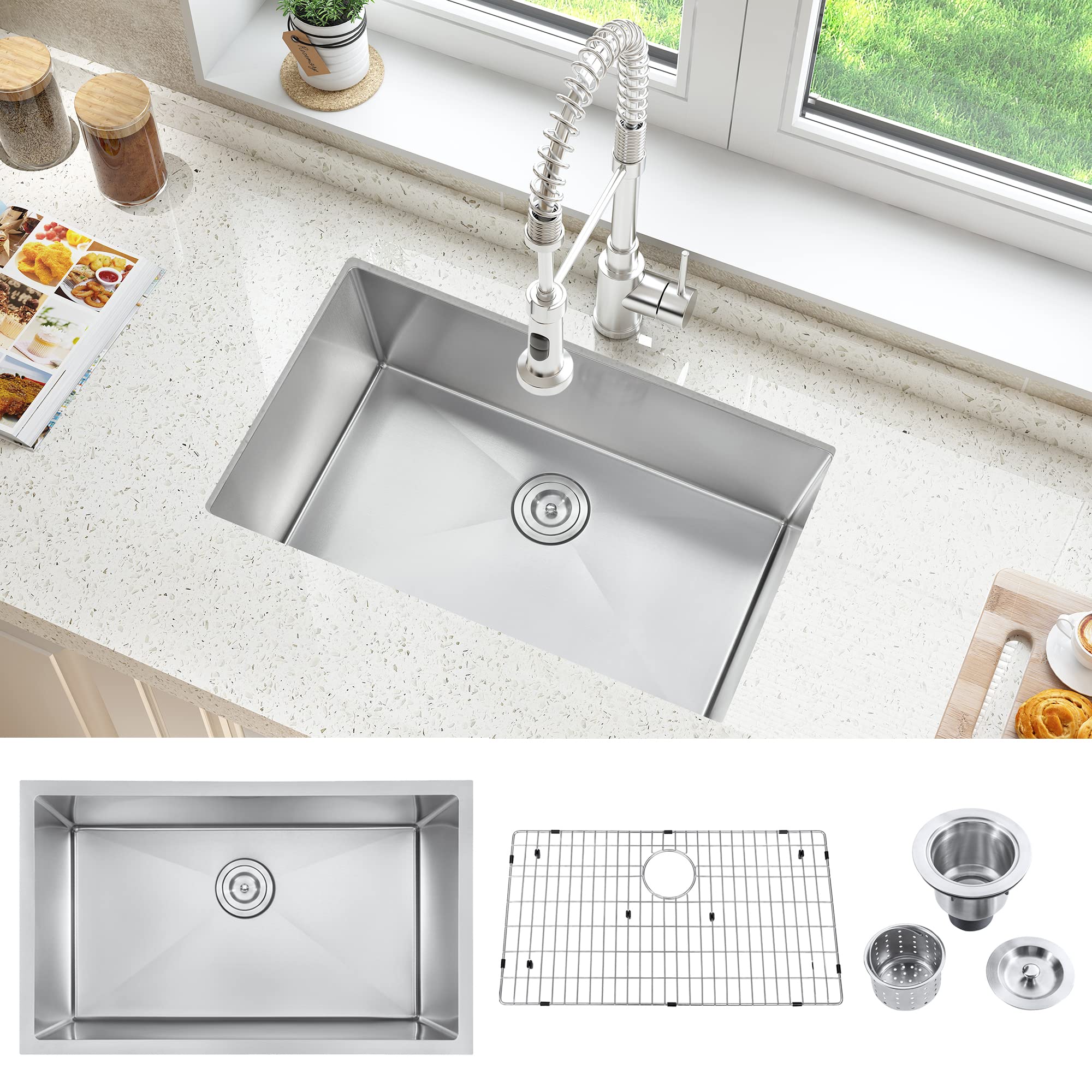 30 Inch Undermount Single Bowl Kitchen Sink - 30''x18'' Stainless Steel Drop-in Sink for Modern Kitchens - Perfect for Food Prep, Dishwashing & Entertaining