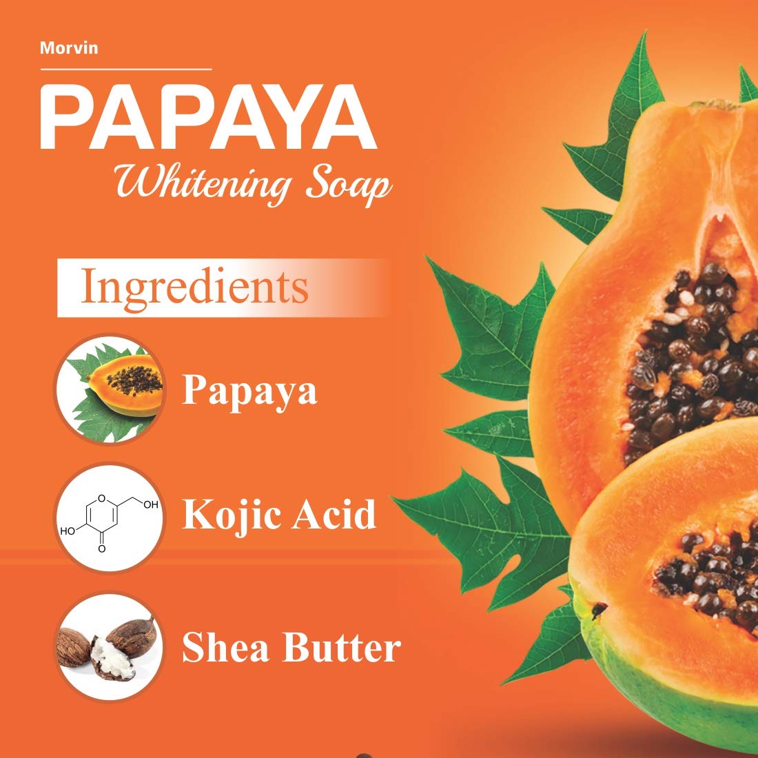 Morvin Papaya Soap for Dark Spots & Acne - Enriched with Papaya Extract & Shea Butter - 75g (Pack of 4) - Brightening Face & Body Cleanser for Glowing Skin - Perfect for Daily Skincare Routine