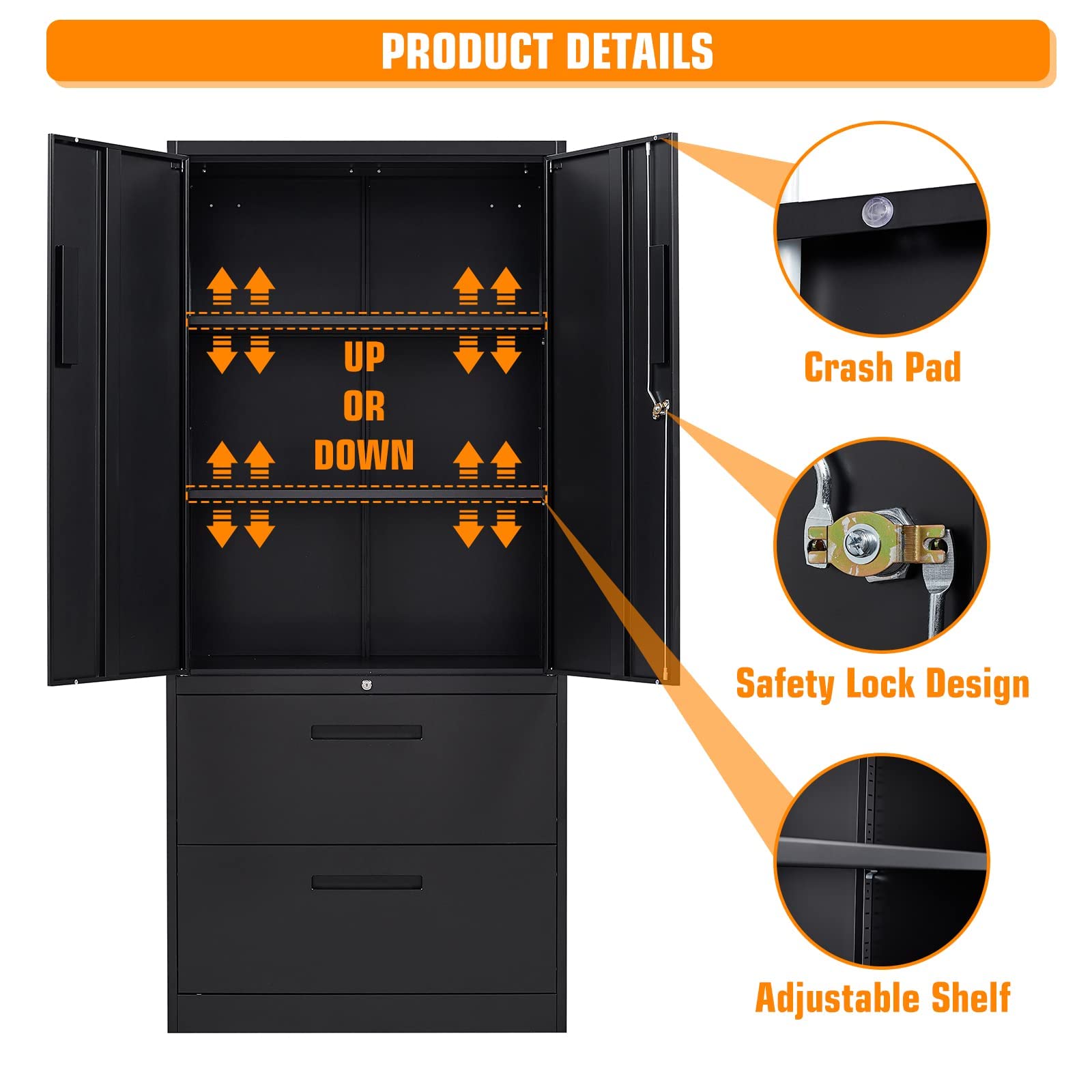 2-Drawer Metal File Cabinet with Lock - Lateral Filing Cabinet with Doors & Adjustable Shelves for Home Office, Living Room, Pantry, Gym, Basement, Warehouse - Black | Perfect for Document Storage, Office Organization & Home Filing Needs
