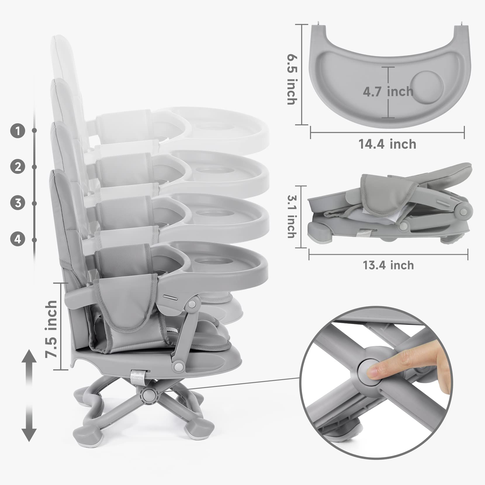 YOLEO Adjustable Baby High Chair Booster Seat for Dining Table - Portable Toddler Travel High Chair with Removable Tray & Washable Cushion - Foldable Design for Home & Restaurant Use (Grey)