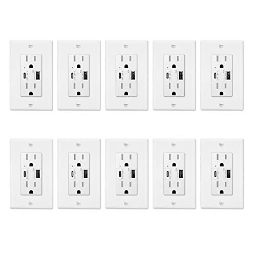 15-Amp Type C USB Charger with Tamper Resistant Outlet - 10 Pack | Compatible with Apple, Samsung & Google Devices | UL Listed (Not for Laptops) | Perfect for Home, Office & Travel Charging