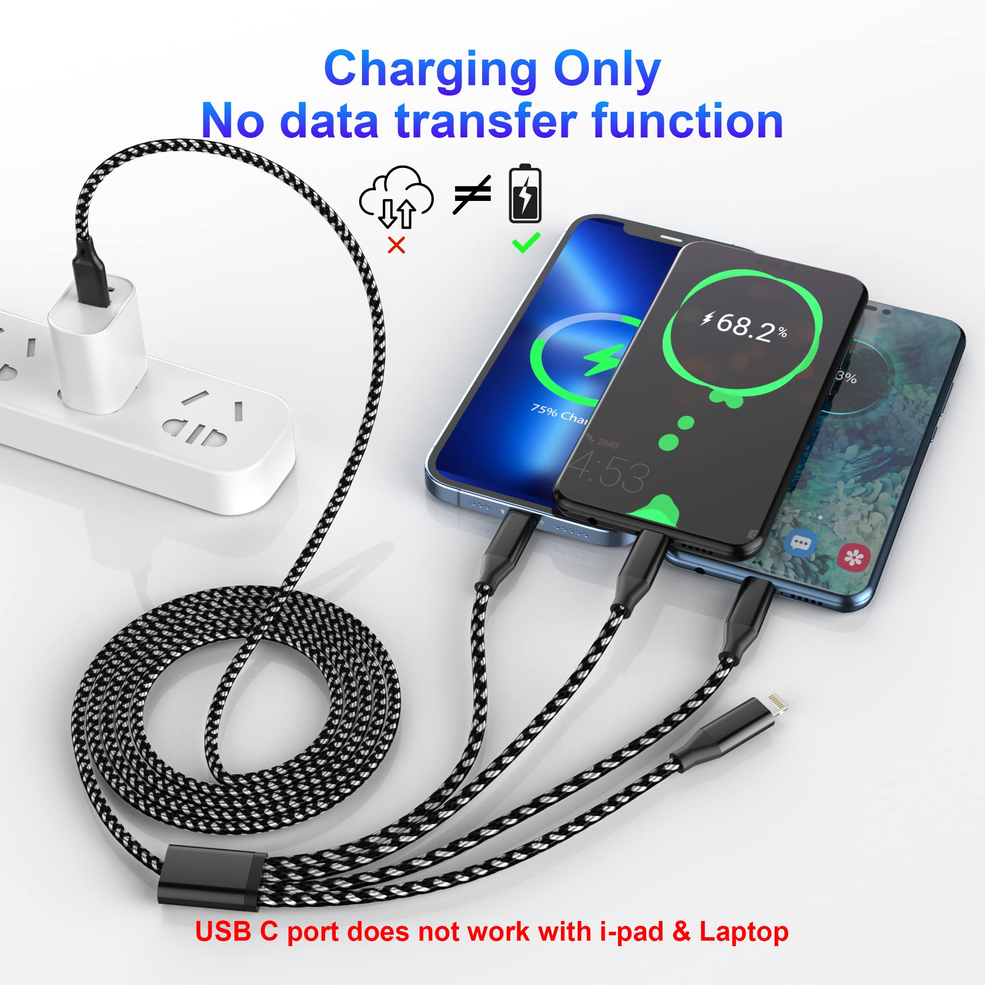 4-in-1 USB C Multi Charger Cable with Fast Charging | 3M/10Ft MFi Certified | USB A/USB C to Micro USB + Type C + 2 Lightning | Universal Charging for iPhone, Android, Tablets | Perfect for Home, Office & Travel