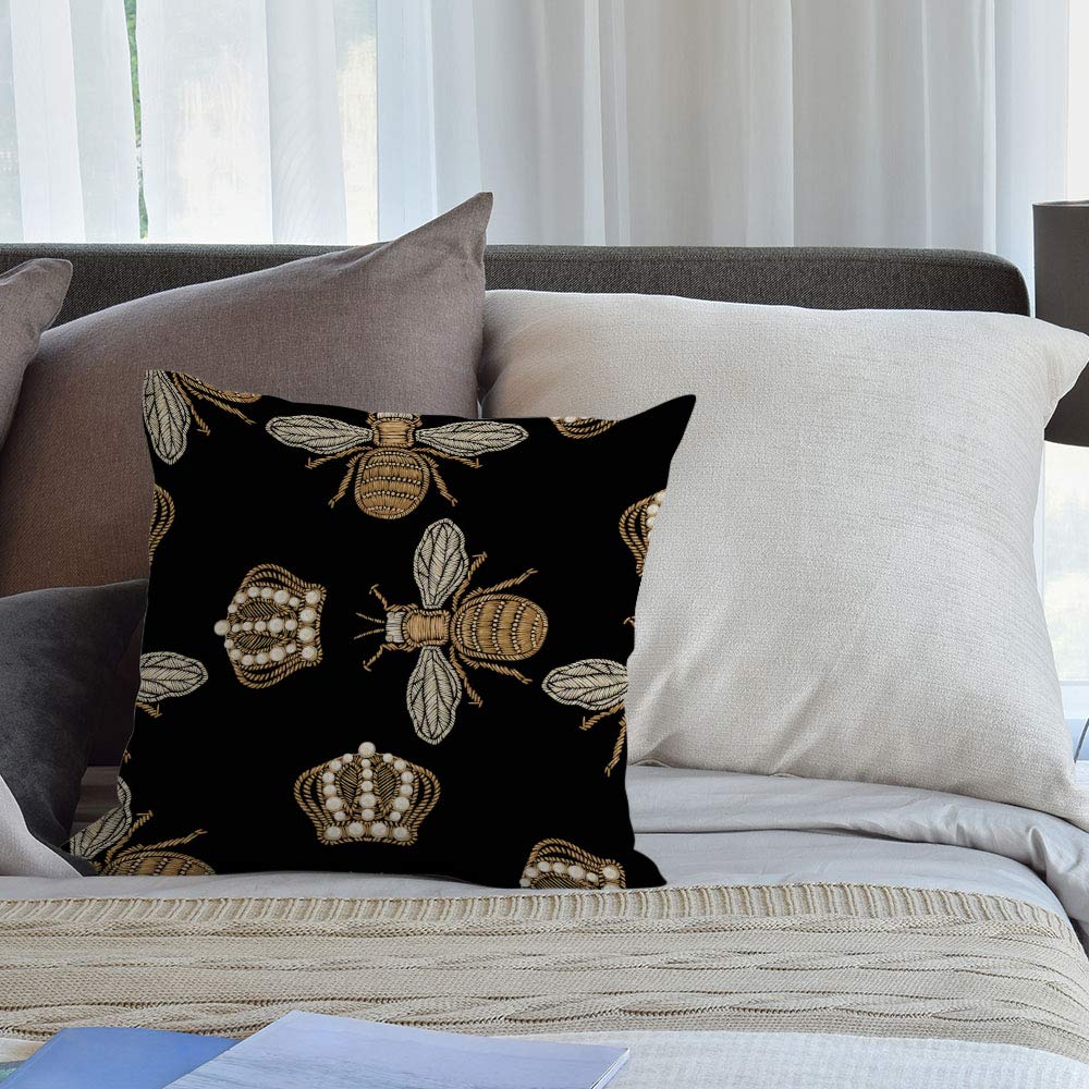 HGOD DESIGNS Gold Embroidered Bee & Crown Throw Pillow Covers 24x24 Inch - Black Bohemian Home Decor for Sofa, Bed, Living Room | Perfect for Farmhouse, Boho Chic & Nature Inspired Interiors