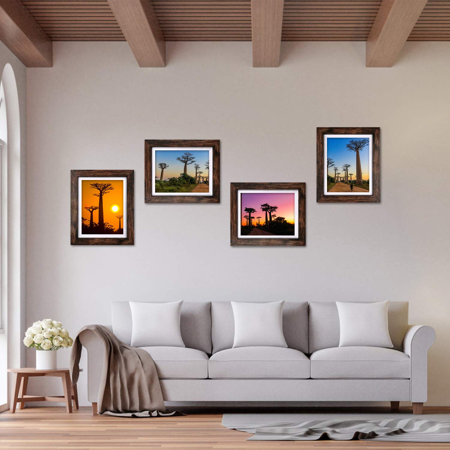 8x10 Picture Frames 4 Pack - Rustic Brown Wood Photo Frames with Mat for Wall Display, Home Decor, Office & Gift Giving