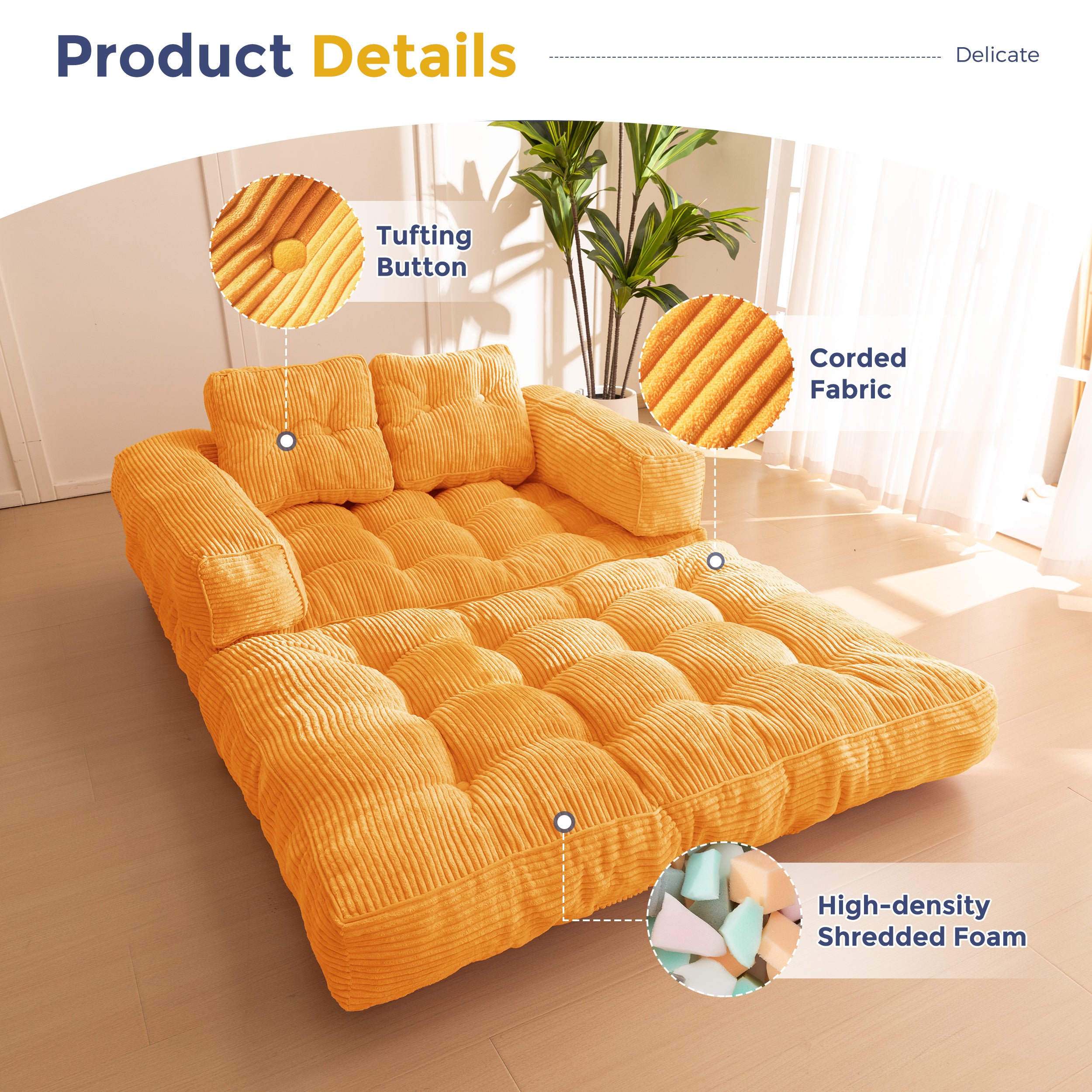 MAXYOYO L-Shaped Folding Sofa Bed - Convertible Sleeper Couch with Armrest & Pillow, Portable Foldable Floor Lounge Chair for Living Room & Bedroom (Double Size, Orange) - Perfect for Small Spaces, Guest Rooms & Studio Apartments