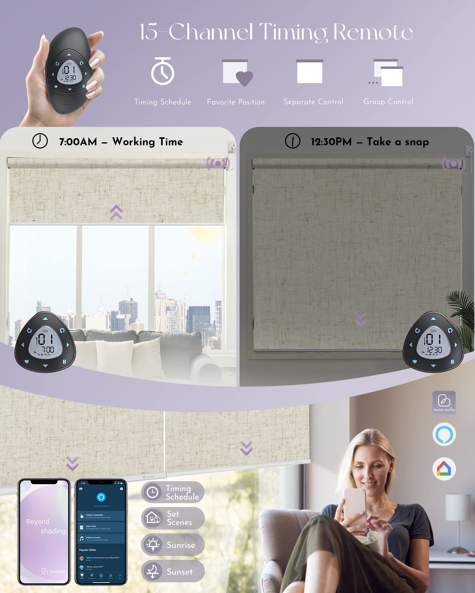 Graywind Motorized Smart Roller Shades - 100% Blackout, Alexa & Google Home Compatible, WiFi & Hardwired Remote Control, Custom Size Window Blinds with Valance (B-Linen Beige) - Perfect for Bedrooms, Home Theaters & Light-Sensitive Spaces