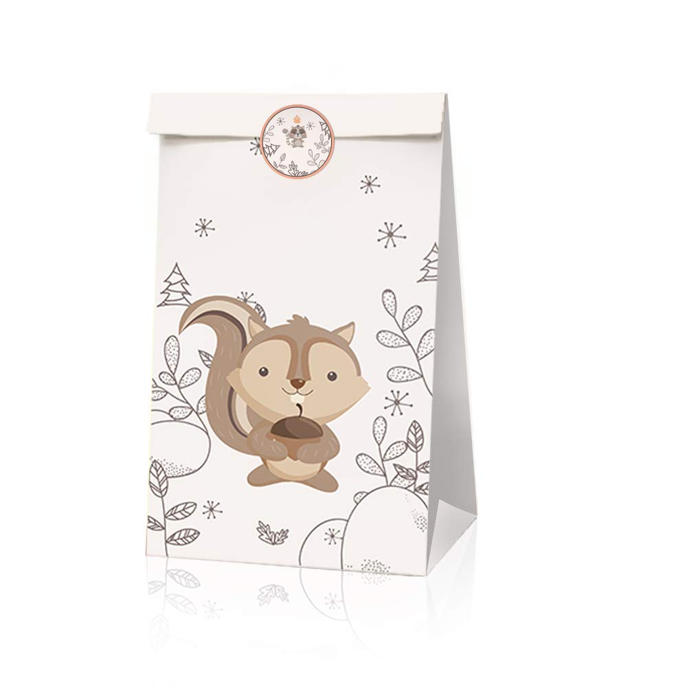 24pcs Forest Animals Party Favor Bags - Fox, Raccoon & Woodland Theme Paper Gift Bags with 36pcs Animal Stickers for Kids Birthday Party Favors, Baby Shower & School Events
