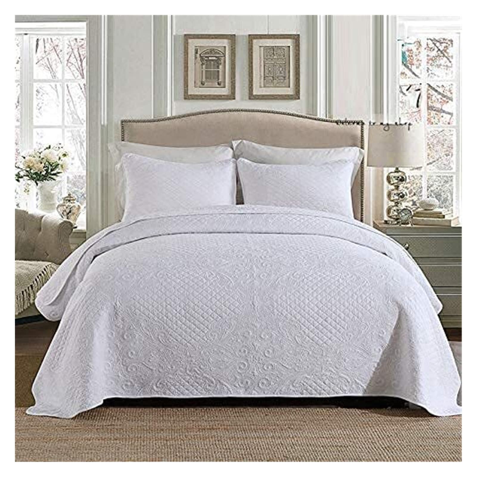 Premium King Size Quilt Set - 100% Cotton Bedding Set with Chic Floral Embroidery | 3-Piece Comforter, Bedspread & Throw Blanket | Soft White Quilted Coverlet for Bedroom Decor | Perfect for Master Bedroom, Guest Room & Cozy Home Styling