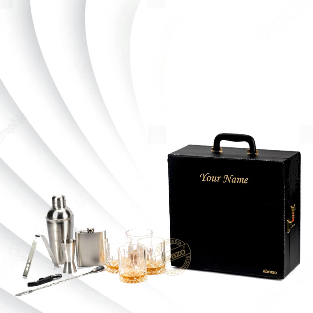 Personalized Faux Leather Bar Set with Custom Name - Portable 4-Piece Bar Tool Kit & Glasses (35.5x34.5x14.5cm) - Perfect for Home Parties, Weddings & Housewarming Gifts