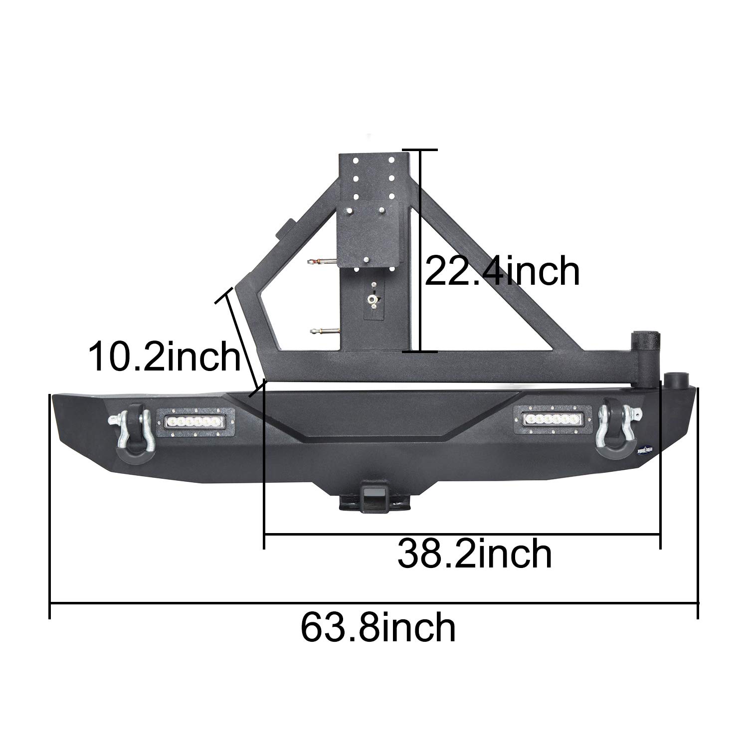 Jeep Wrangler JK Rear Bumper with Tire Carrier, Hitch Receiver & 2x 18W LED Floodlights - Compatible with 2007-2018 JK & Unlimited Models | Off-Road Adventure, Camping & Trail Riding Accessory