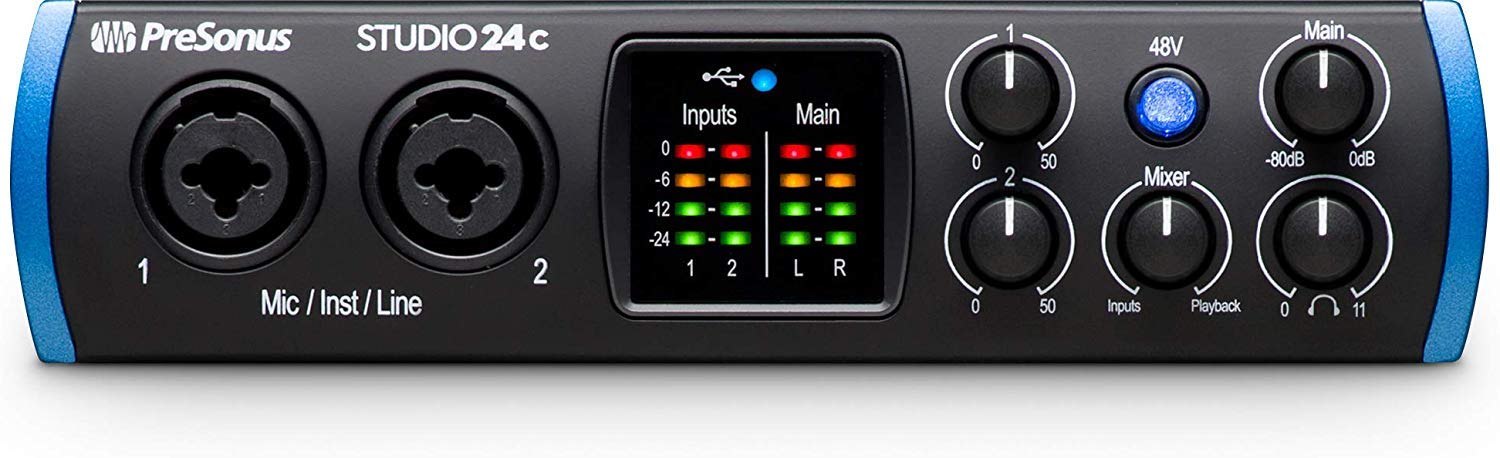 PreSonus Studio 24c USB-C Audio Interface with 2 XMAX-L Preamps, Headphone Output & MIDI I/O - Includes EMB XLR Cables & Gravity Mobile Bracket for Home Recording, Podcasting & Music Production