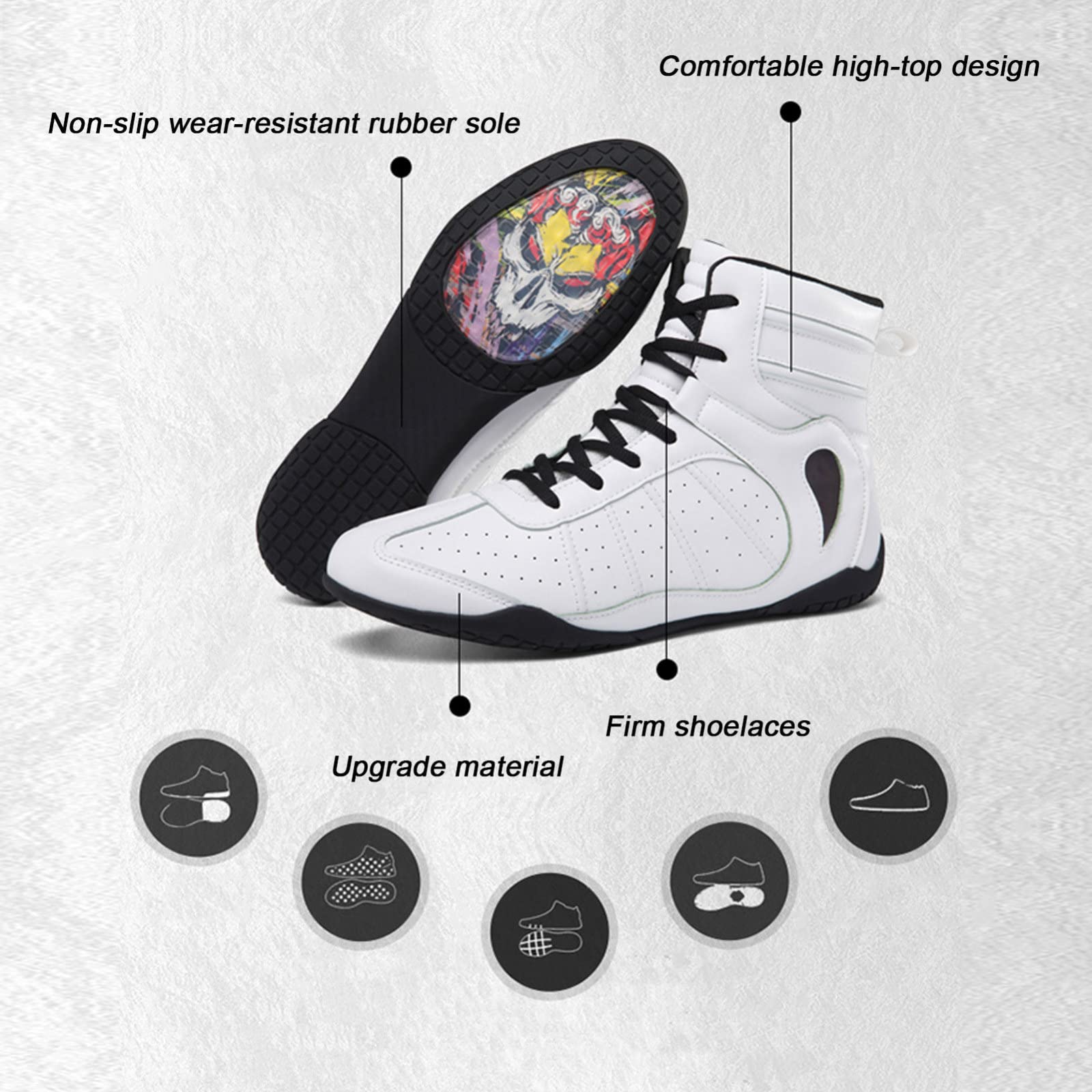 EMDPBD Men's & Youth Boxing Shoes - Lightweight High Top Kickboxing Boots for Training & Fighting Sports - Breathable Mesh Design (White, Size 7) | Perfect for MMA, Muay Thai, Boxing Gyms & Competition