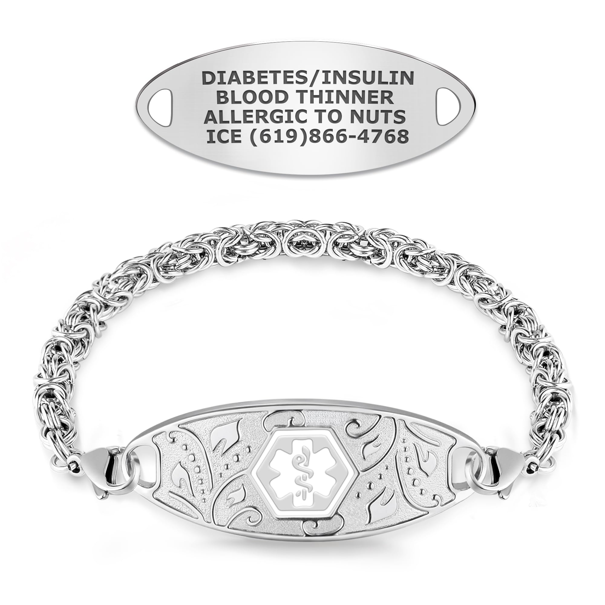 Divoti Custom Engraved Medical ID Bracelet for Women - Personalized Stainless Steel Byzantine Chain with Filigree Design - Adjustable Sizes for Diabetes, Allergies & Emergency Medical Alert (Ideal for Nurses, Doctors & Healthcare Workers)