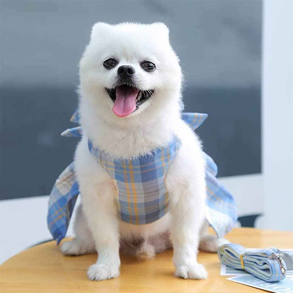 Tikwek Plaid Dog Dress with Bow Tie, Harness & Leash Set - Cute Puppy Skirt Outfit for Small Dogs (Blue, Large) | Perfect for Pet Parties, Photo Shoots & Daily Walks