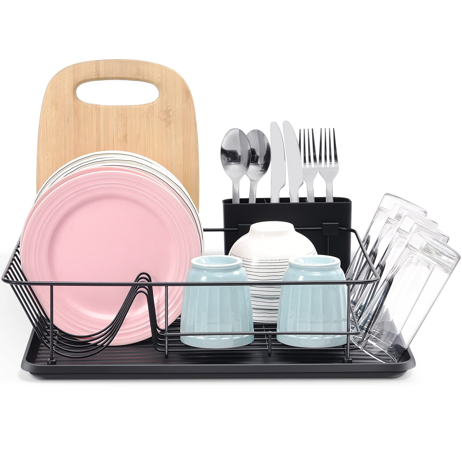 TOOLF Large Capacity Dish Drying Rack with Cutlery Holder & Removable Drip Tray - Space Saving Countertop Dish Drainer for Kitchen - Perfect for Drying Plates, Cups & Utensils After Washing (Black)