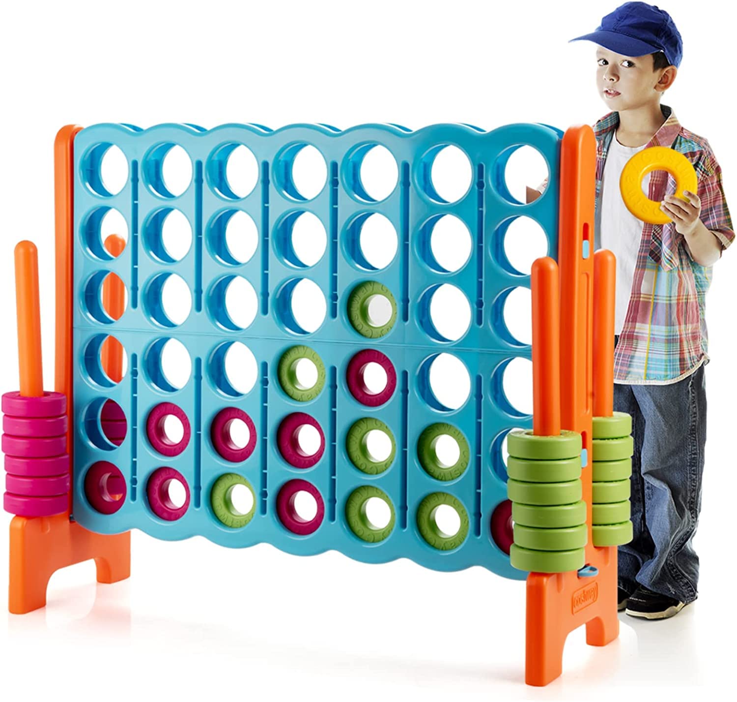 HONEY JOY Jumbo 4-to-Score Giant Connect 4 Game Set - 42 Oversized Rings & Quick-Release Slider - 3.5FT Tall Outdoor Yard Game for Kids, Adults & Family Gatherings - Perfect for Backyard Parties, Picnics & Beach Fun