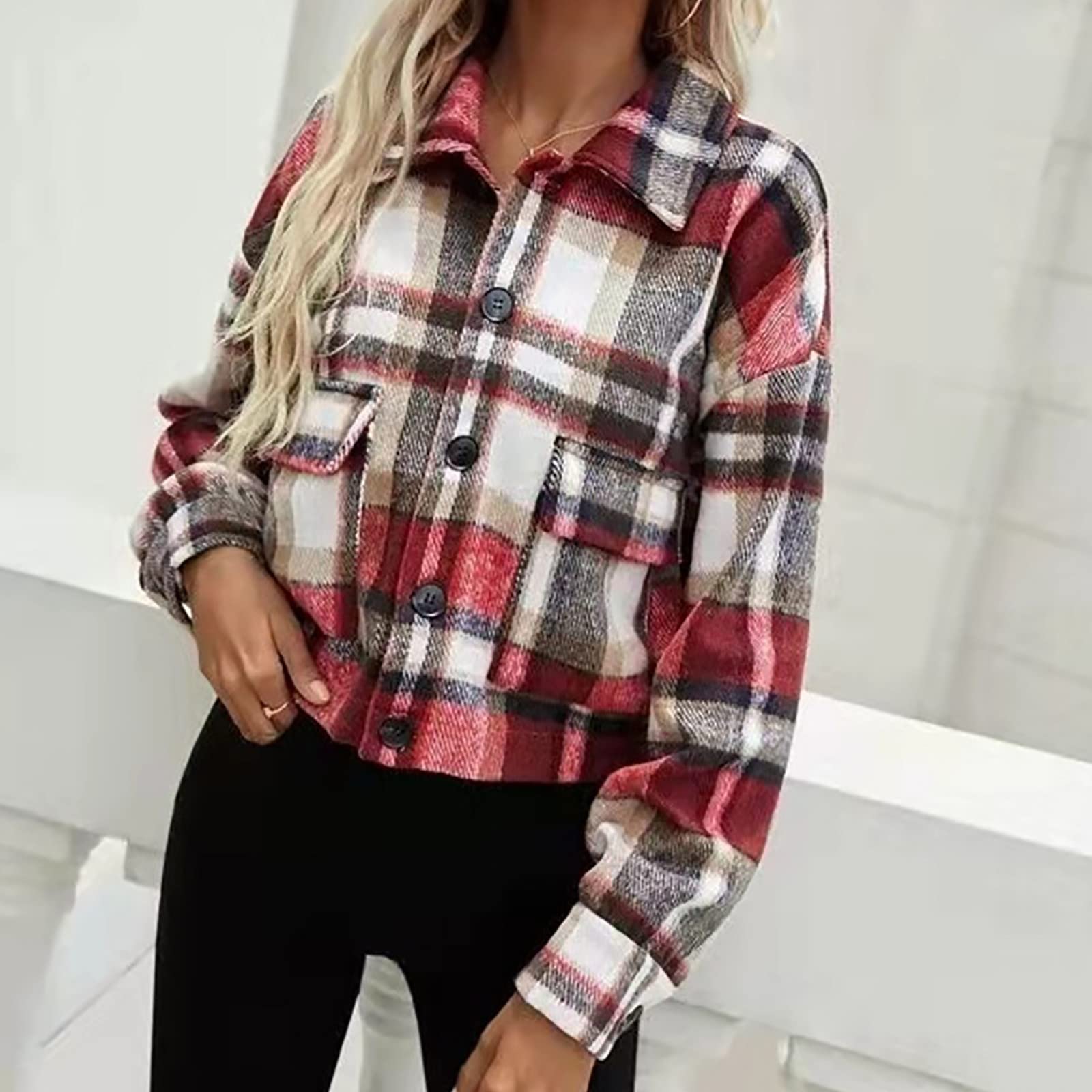 Women's Plaid Lapel Blouse - Stylish Long Sleeve Button Down Shirt with Crop Jacket Design for Spring & Fall | Casual Office Wear, Date Night Outfits & Everyday Fashion Outerwear