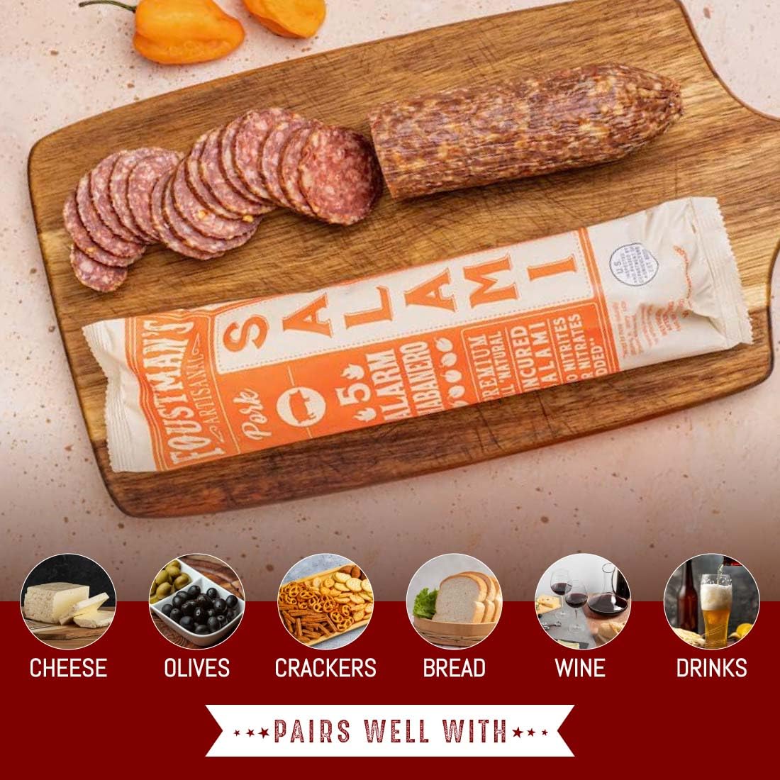Foustman's Artisanal 5 Alarm Habanero Salami Pork Sticks - Nitrate-Free, Naturally Cured, Gluten-Free & Dairy-Free (8 Oz) | Perfect for Camping, Hiking & Keto Snacks