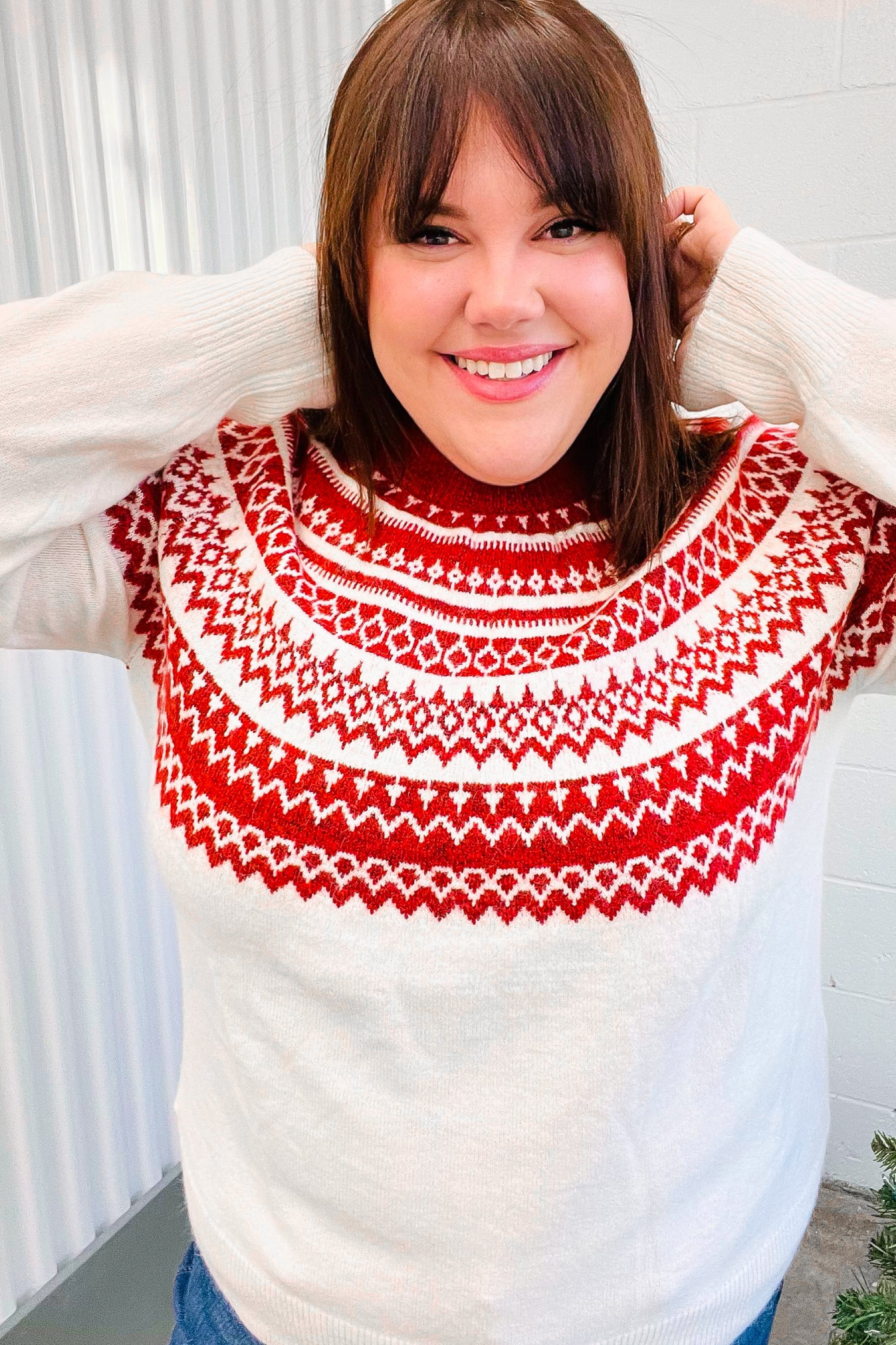 Festive Ivory & Red Fair Isle Mock Neck Sweater - Cozy Christmas Holiday Knitwear for Women, Perfect for Winter Parties & Family Gatherings