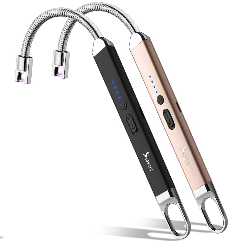 SUPRUS Rechargeable USB Arc Lighter with Safety Switch - 360° Flexible Neck, Flameless Electric Lighter for Candles, Camping, Cooking & Outdoor Use (Black + Champagne Gold) - Perfect for Home, Travel, and Emergency Kits