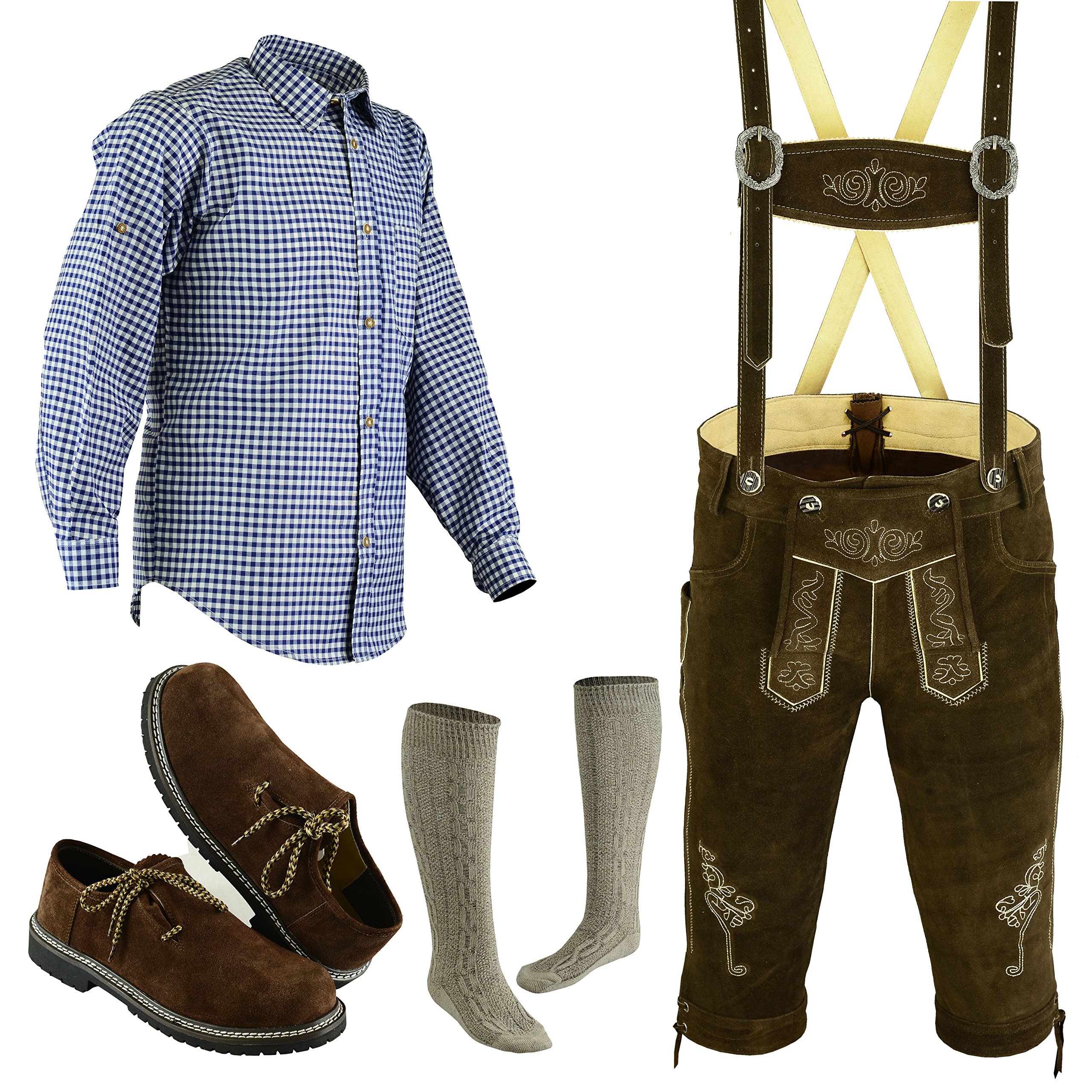Authentic German Men's Oktoberfest Lederhosen Costume - 4 Piece Complete Set with Brown Leather Shorts | Perfect for Oktoberfest Parties, Beer Festivals & Bavarian Themed Events
