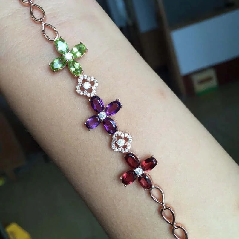 18K Platinum Garnet & Peridot Amethyst Chain Bracelet - Elegant Wisdom Jewelry Gift for Women | Perfect for Birthday, Anniversary & Special Occasions | FME B074