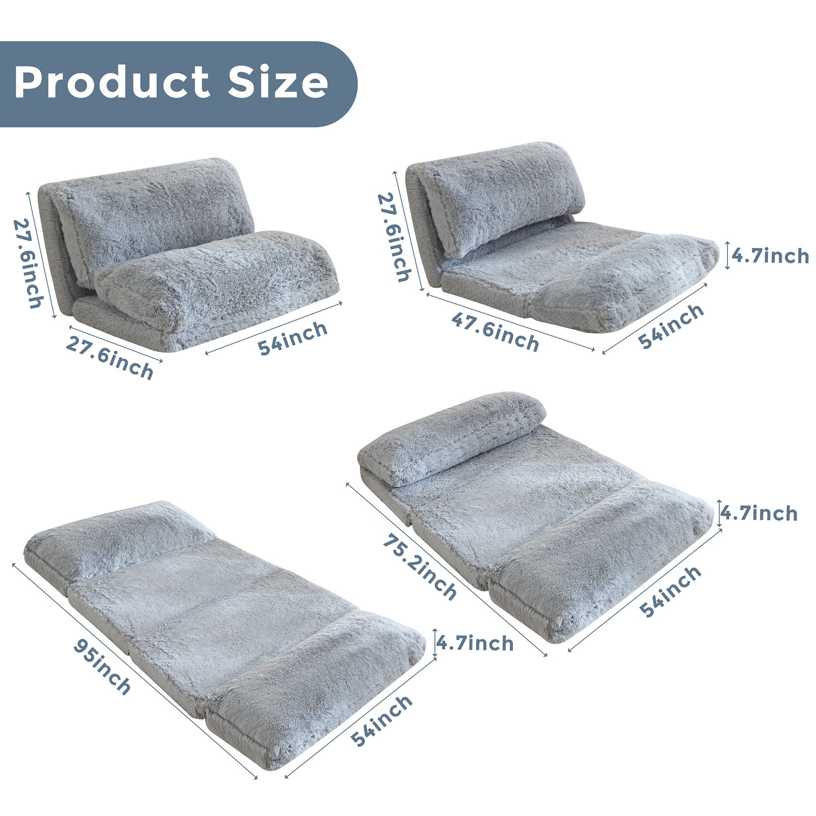 MAXYOYO Folding Floor Sofa Bed - Grey Faux Fur Bean Bag Chair with Foam Filling, Convertible Sleeper for Living Room, Bedroom & Dorm | Comfortable Lounge Seating for Relaxing, Reading & Napping