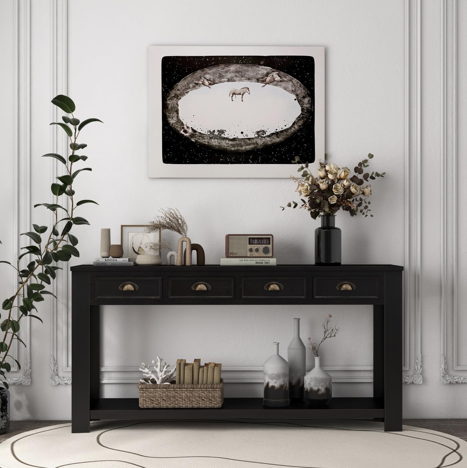 **Kinsuite 60 Inch Long Rustic Wooden Console Table with 4 Drawers & Storage Shelf - Entryway, Living Room, Hallway Sofa Table for Home Decor & Organization**    *(Perfect for foyers, behind sofas, or as a stylish hallway accent with ample storage!)*