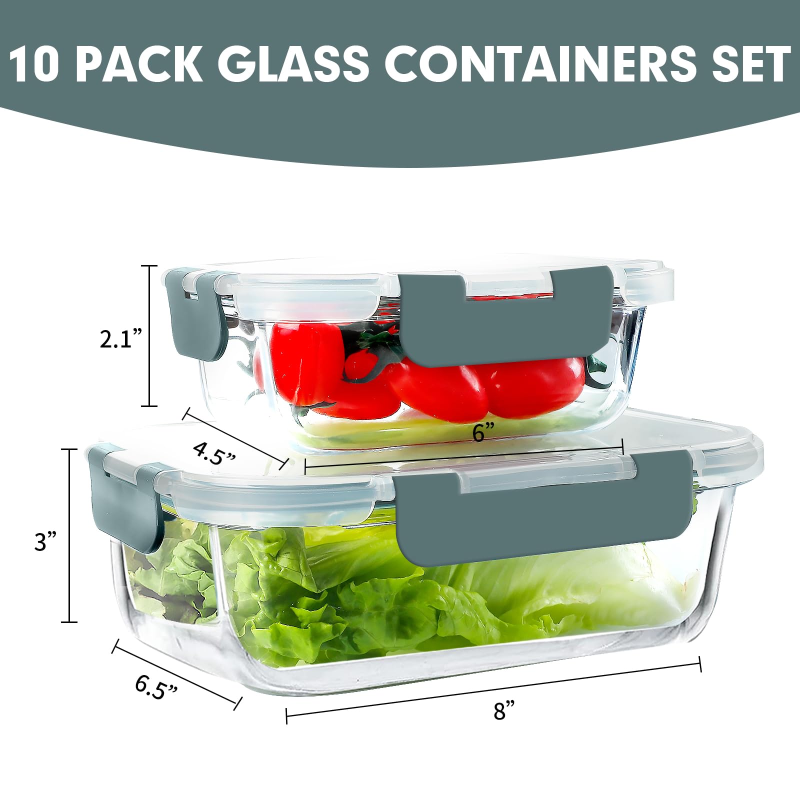 VERONES 10-Pack Airtight Glass Meal Prep Containers Set - BPA-Free Stackable Food Storage Containers with Lids for Microwave, Oven, Freezer & Dishwasher (Grey) - Perfect for Meal Prepping, Leftovers & Office Lunches