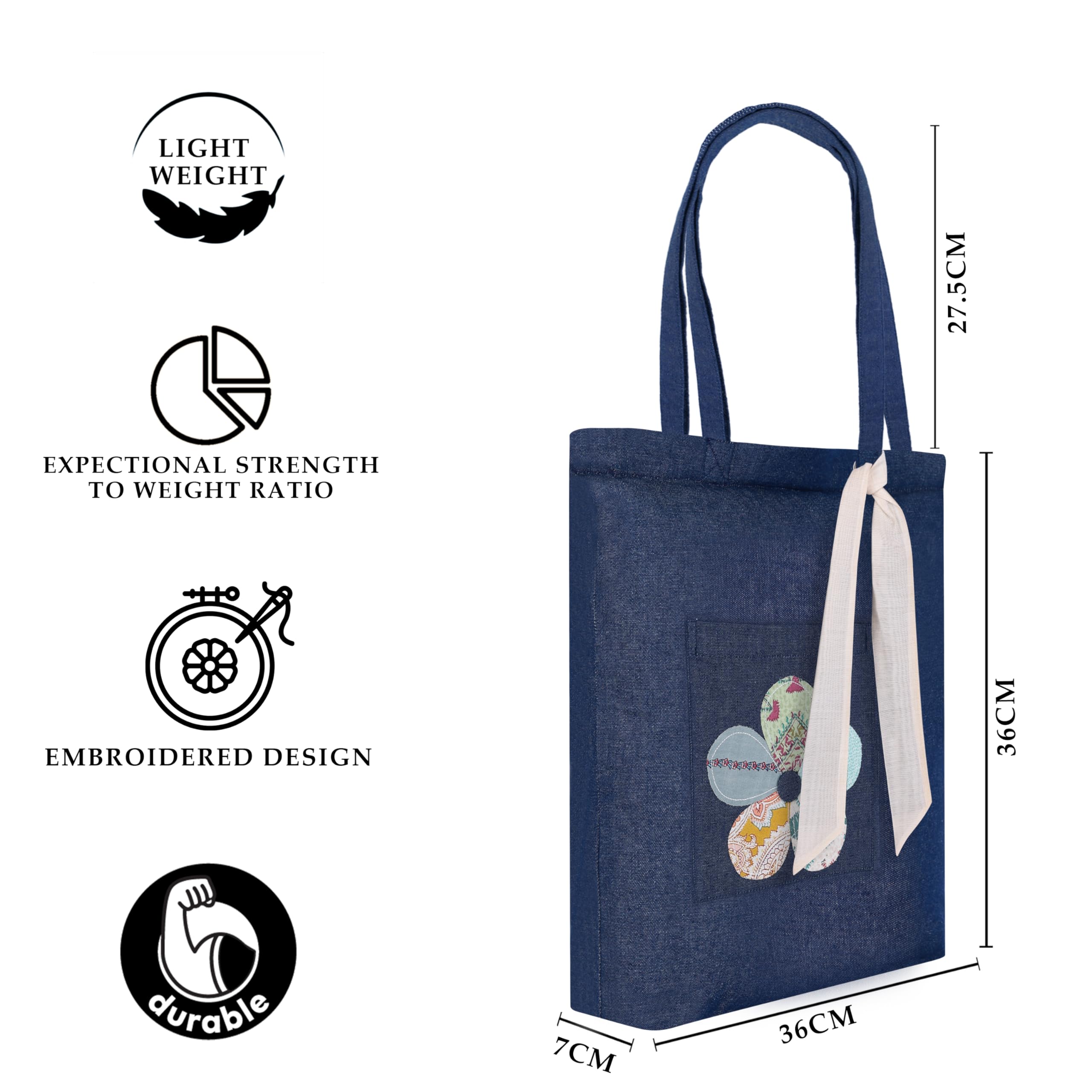 MASQ by Q-One Women's Embroidered Denim Tote Bag with Zipper Closure - 100% Organic Cotton College Bag for Girls, Stylish Travel & Everyday Purse | Perfect Gift for Women, Students & Fashion Lovers | Ideal for School, Shopping, Work & Weekend Outings