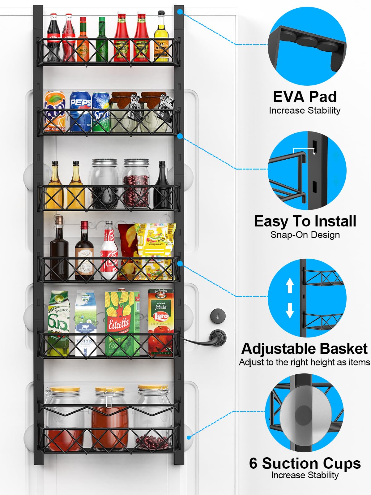 6-Tier Over the Door Pantry Organizer - Adjustable Metal Hanging Spice Rack & Storage Baskets for Kitchen, Bathroom, Closet - Space Saving Behind the Door Organizer for Spices, Snacks, Toiletries & More