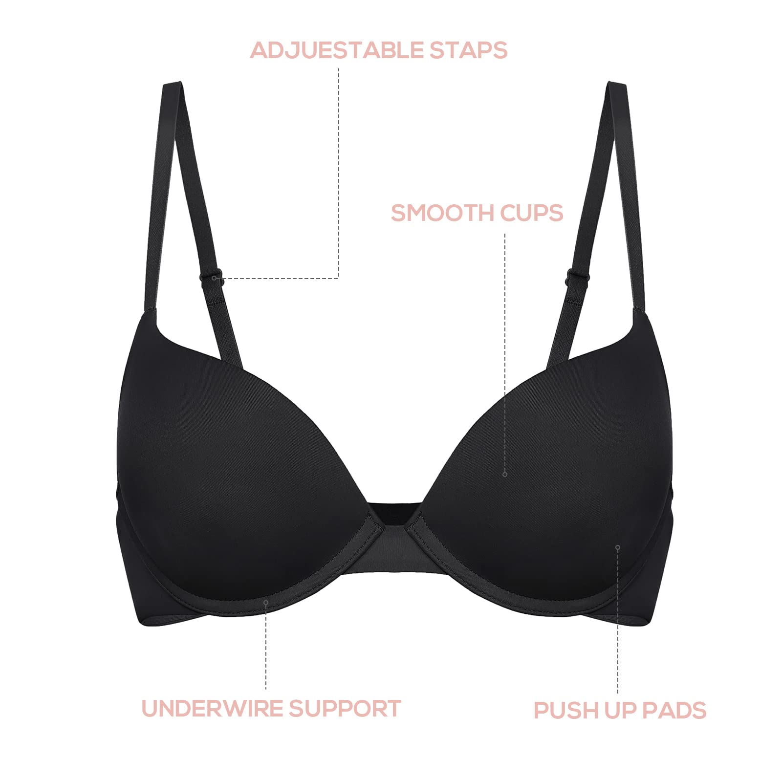 DOBREVA Women's Push Up Bra - Plunge Full Coverage T-Shirt Bra with Comfortable Padded Underwire for Everyday Wear & Special Occasions