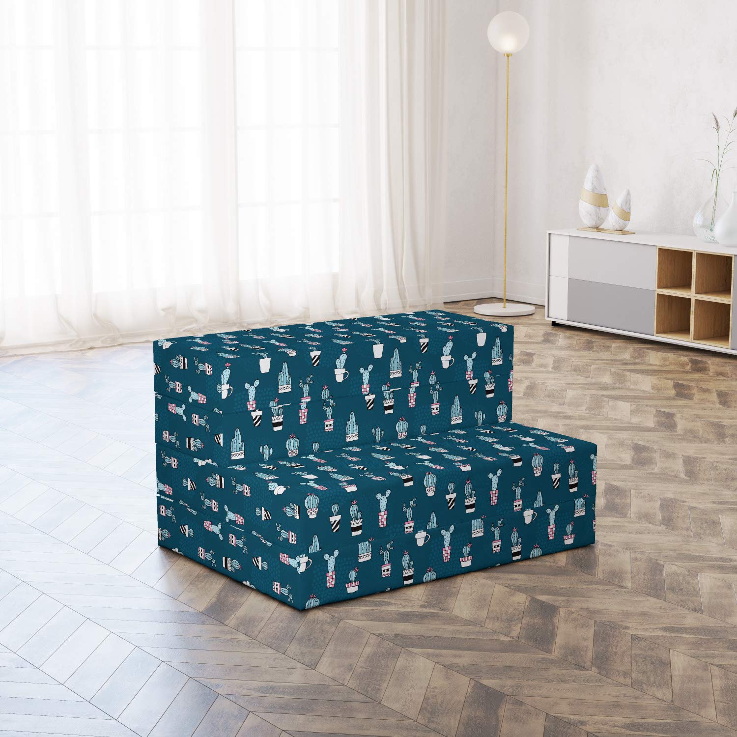 Ambesonne Cactus Foldable Mattress - Funny Succulents in Pots Design, 74.8 x 35.4 Inches, Petrol Blue Multicolor - Perfect for Guest Beds, Dorm Rooms & Camping Trips