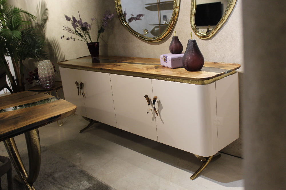 Modern Walnut and Resin Credenza Sideboard - Ivory Collection | Mid-Century Style TV Stand, Entryway Storage, Dining Room Buffet