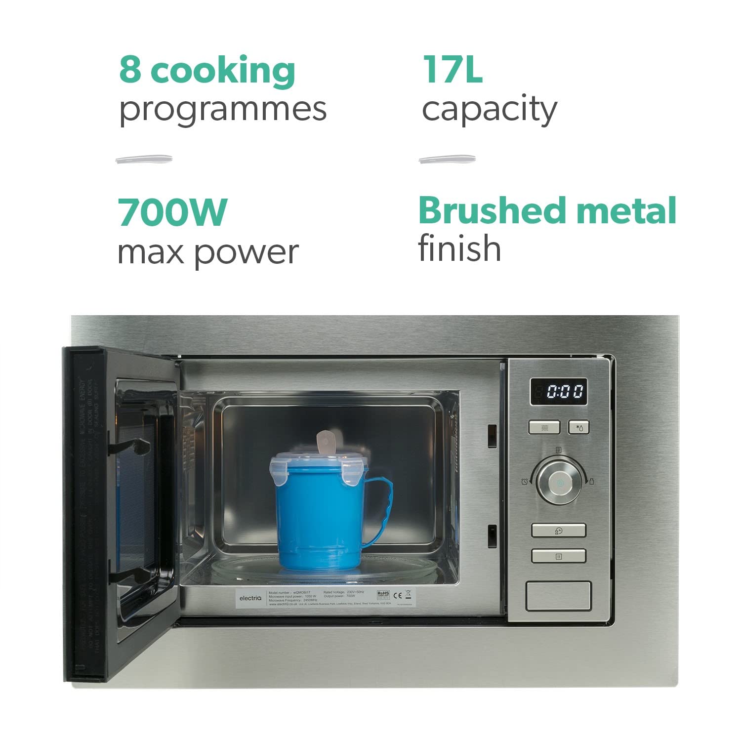 electriQ Built-In Microwave Oven - 1.1 Cu.ft Stainless Steel with 10 Power Levels for Kitchen, Home & Office Use