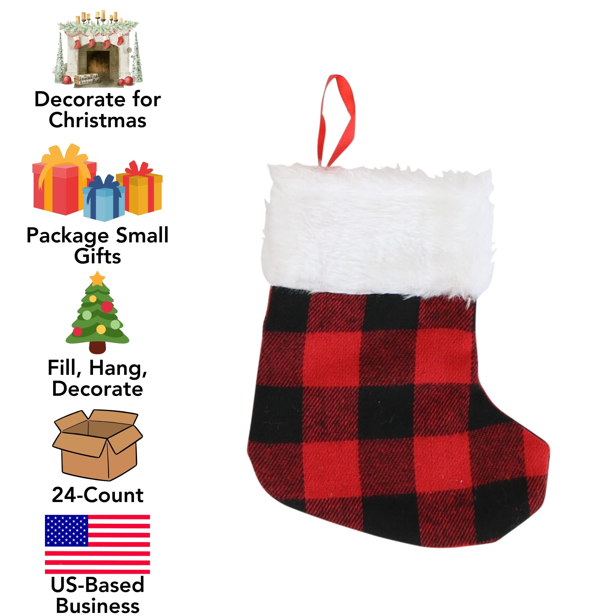 24-Pack Mini Christmas Stockings 6-Inch Red Buffalo Plaid - Perfect for Holiday Decorations, Party Favors & Small Gift Bags