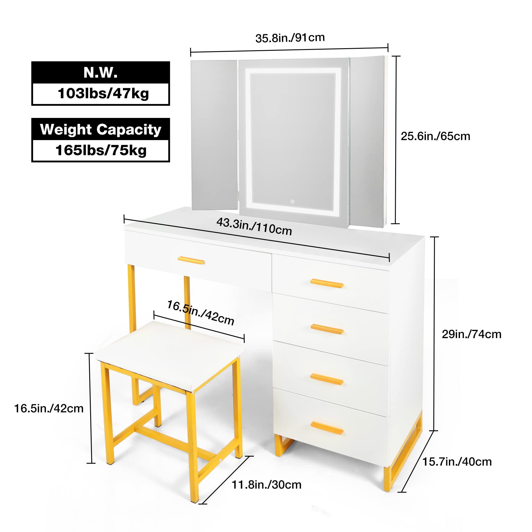 Vanity Desk with Mirror and Lights - Makeup Vanity Set with Cushioned Stool, Storage Shelves & 5 Drawers for Bedroom (White) | Perfect for Dressing Room, Beauty Salon & Home Decor