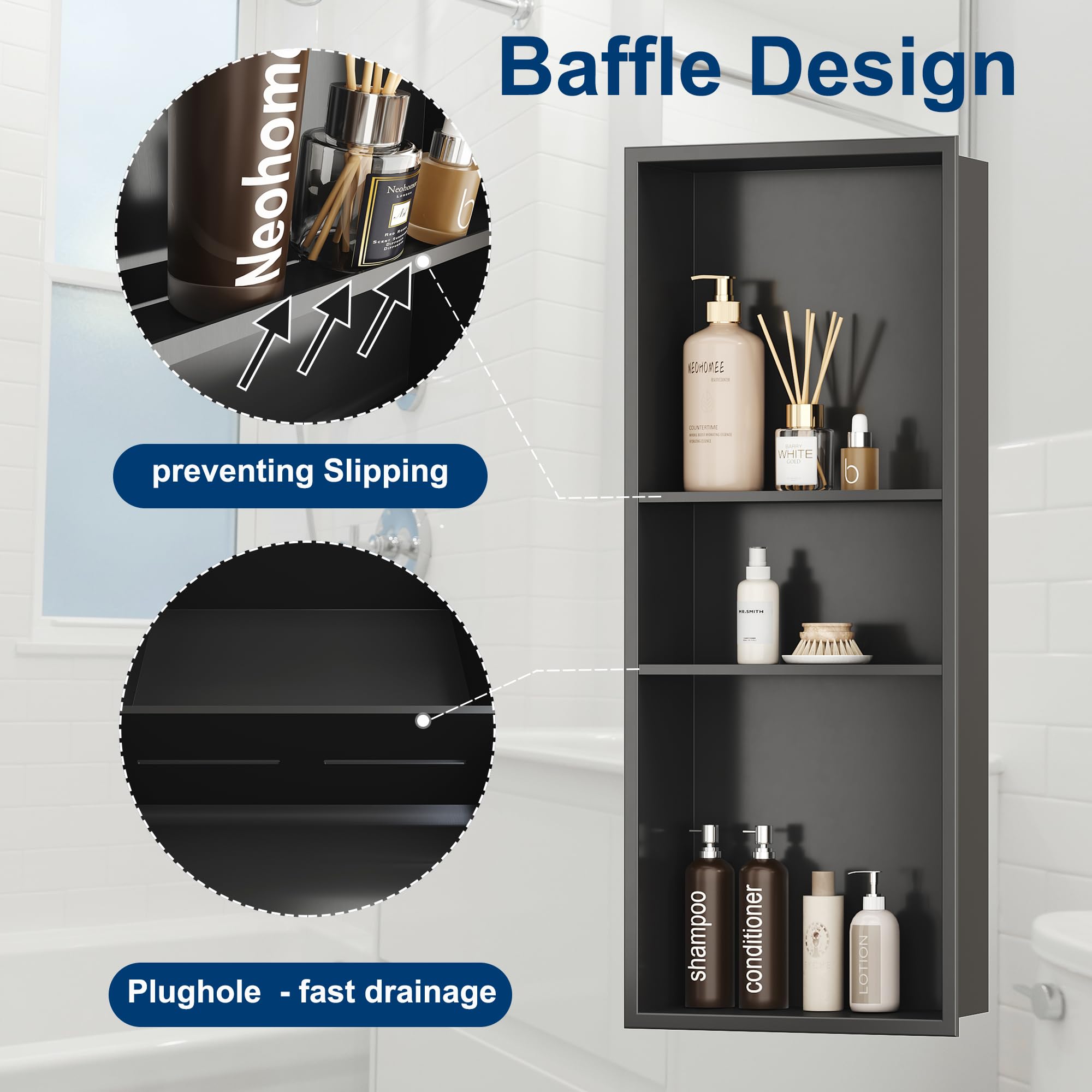 Neodrain 12X30 Inch Gun Metal 3-Layer Stainless Steel Recessed Shower Niche - No Tile Needed Bathroom Wall Storage Organizer for Shampoo, Soap & Bath Essentials