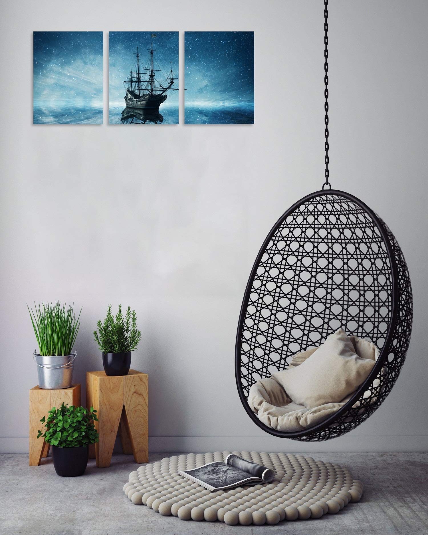 TutuBeer 3 Panel Pirate Ship Wall Art - Starry Night Sky Sailboat Painting on Canvas, Framed Pirate Decor for Living Room, Bedroom & Home - Perfect for Nautical Theme Rooms, Beach Houses & Pirate Lover Gifts